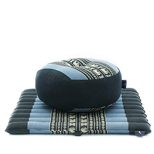 Leewadee Meditationsset Yogaset aus Meditationskissen Zafu und Kleiner rollbarer Sitzmatte Zabuton Ökologisches Naturprodukt, Kapok, Blau von Leewadee