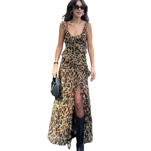 Left Girl Chiffon Leopard Tier Gedruckt Midi Kleid Frauen Sommer Ärmellose Oansatz Slip Mode Rüschen Kleid Dame Elegante Strand Langes Kleid,Leopard,M von Left Girl