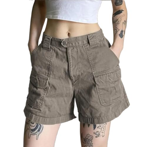 Left Girl Gerade Cargo-Shorts Frauen Mode Amerikanischen Retro Einfache Freizeit Alle-Spiel Sommer Streetwear Mittlere Taille Taschen,grau,XL von Left Girl