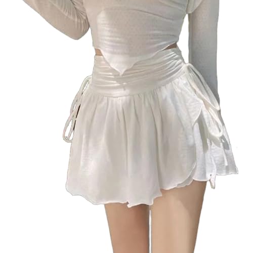 Left Girl Koreanische Sommer Weiß Mini Röcke Damen Hohe Taille Unregelmäßigen Kordelzug Falten Rock Girly Alle-Spiel Kurze Röcke,Weiss,M von Left Girl