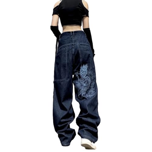 Left Girl Retro-Street-Jeans Mit Lockerer Stickerei, Geradem Bein, Lässige All-Match-Hosen Mit Hoher Taille Und Weitem Bein,Weißer Drache,M von Left Girl