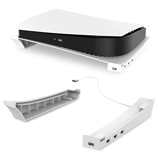 Leikurvo Horizontaler Ständer für 2023 PS5 Konsole mit 4-Port USB Hub, Standfuß Zubehör Basis Halterung für P5 Slim Disc & Digital Edition, 1 USB 2.0 Datenanschluss & 3 Erweiterung der Ladebuchse von Leikurvo