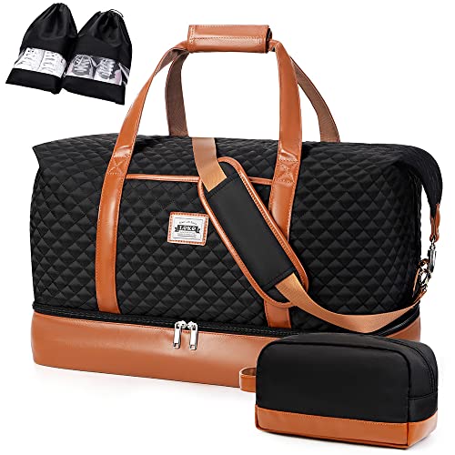 Lekespring Reisetasche Weekender Damen Groß mit Nassfach Schuhfach, 50L Doppellagige Reisetasche Handgepäck Kliniktasche mit Kulturbeutel und 2 Schuhsäcken, Schwarz von Lekespring