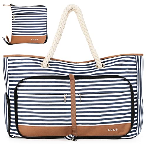 Lekespring Strandtasche Damen Groß mit Reißverschluss, Vielseitiger Damen Shopper Badetasche Saunatasche Reisetasche Tote Bag für Strand Reisen Einkaufen Sport u.Arbeit (Gestreift) von Lekespring