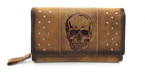 Lemasi Damen Geldbörse mit Nieten naturbelassenes Hunterleder Portemonnaie mit RFID Schutz Totenkopf (Braun Damen Totenkopf) von Lemasi