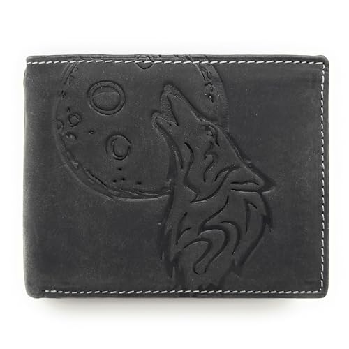Lemasi echt Leder Geldbörse Portemonnaie Heulender Wolf Mond mit RFID NFC Schutz (Wolf schwarz quer) von Lemasi