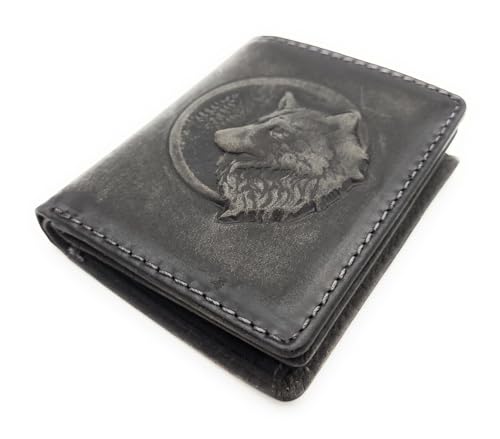 echt Leder Mini Geldbörse Portemonnaie 3D Adler oder Wolf mit RFID NFC Schutz (grau Wolf) von Lemasi
