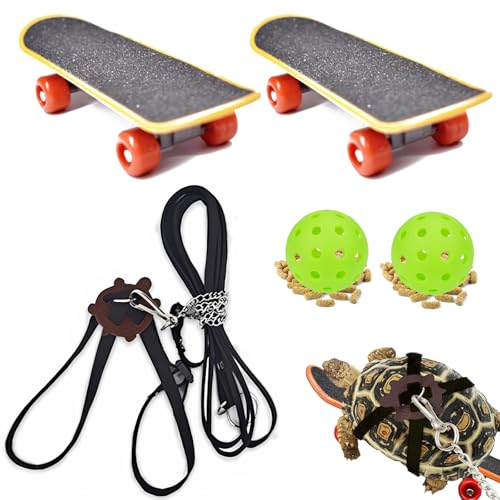 Schildkröten-Spiel- und Trainingsspielzeug-Set, 1 verstellbare Schildkröten-Leine, 2 Reptilien-Skateboards, 2 Leckerli-Bälle, Schildkröten-Zubehör, lustiges Mini-Walking-Skateboards für Papageien von Lengnuantazhi