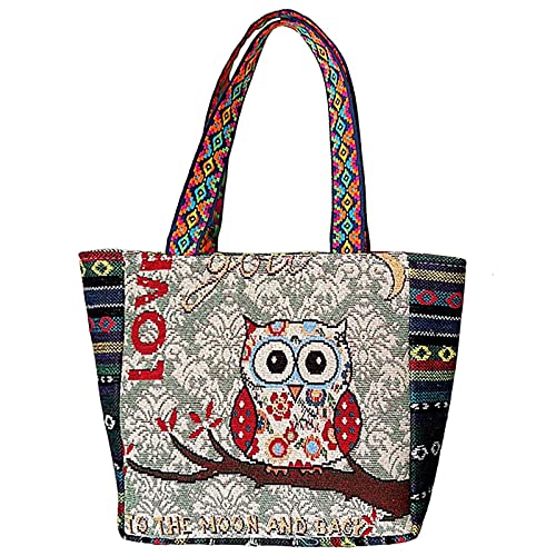 Leuchtbox Mittelgroße Canvas Leinen-Tragetasche Damen Umhängetasche Schultertasche Shopper Bag Strandtasche Bestickter Ethno Style Süßes Eulenmotiv (Motiv 1) von Leuchtbox