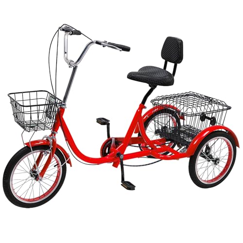 Levkitch Dreirad füR Erwachsene 16 Zoll Dreirad Rückenlehne Stuhl Citybike-Dreirad mit vordere und hintere Ablagekorb Cruise Bikes Belastbarkeit 150 Kg (Rot) von Levkitch