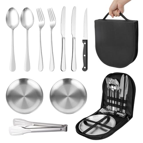 Camping Geschirr Set 2 Personen, 10 Stücke Portable Besteck Set Für 2 Personen, Edelstahl Gabeln Messer Löffel Teller und Clip, Picknick Besteck Set 2 Personen für Outdoor Camping Grillen Wandern von Libershine