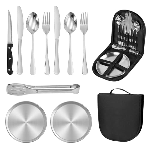 Campingbesteck Set für 2 Personen,Picknick-Teller und Utensilien-Set, 10 PCS Tragbares Geschirr, Edelstahl-Besteck-Kombination mit Organizer-Tasche,mit Löffel Gabel Messer Teller ClipSchwarz von Libershine