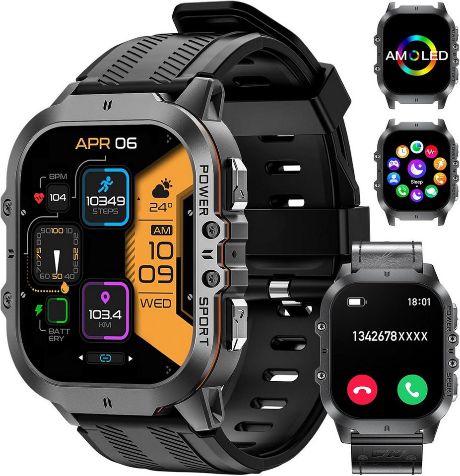 Lige Herren Militärische 400mAh Wasserdicht Telefonfunktion Fitness-Tracker Smartwatch (1,96 Zoll, Android/iOS), mit 100+ Sportmodi Aktivitätstracker,Herzfrequenz-/SpO2-Überwachung von Lige