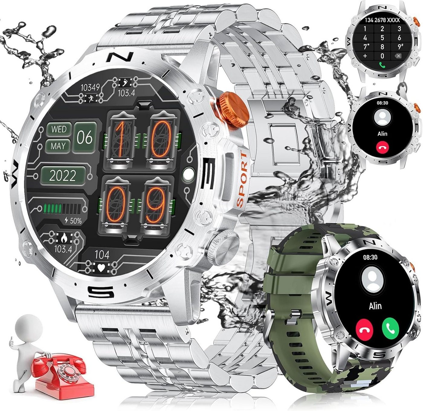 Lige Smartwatch (1,43 Zoll, Android, iOS), Herren mit AMOLED Touchscreen,100+Sportmodi, Pulsmesser Schlafmonitor von Lige