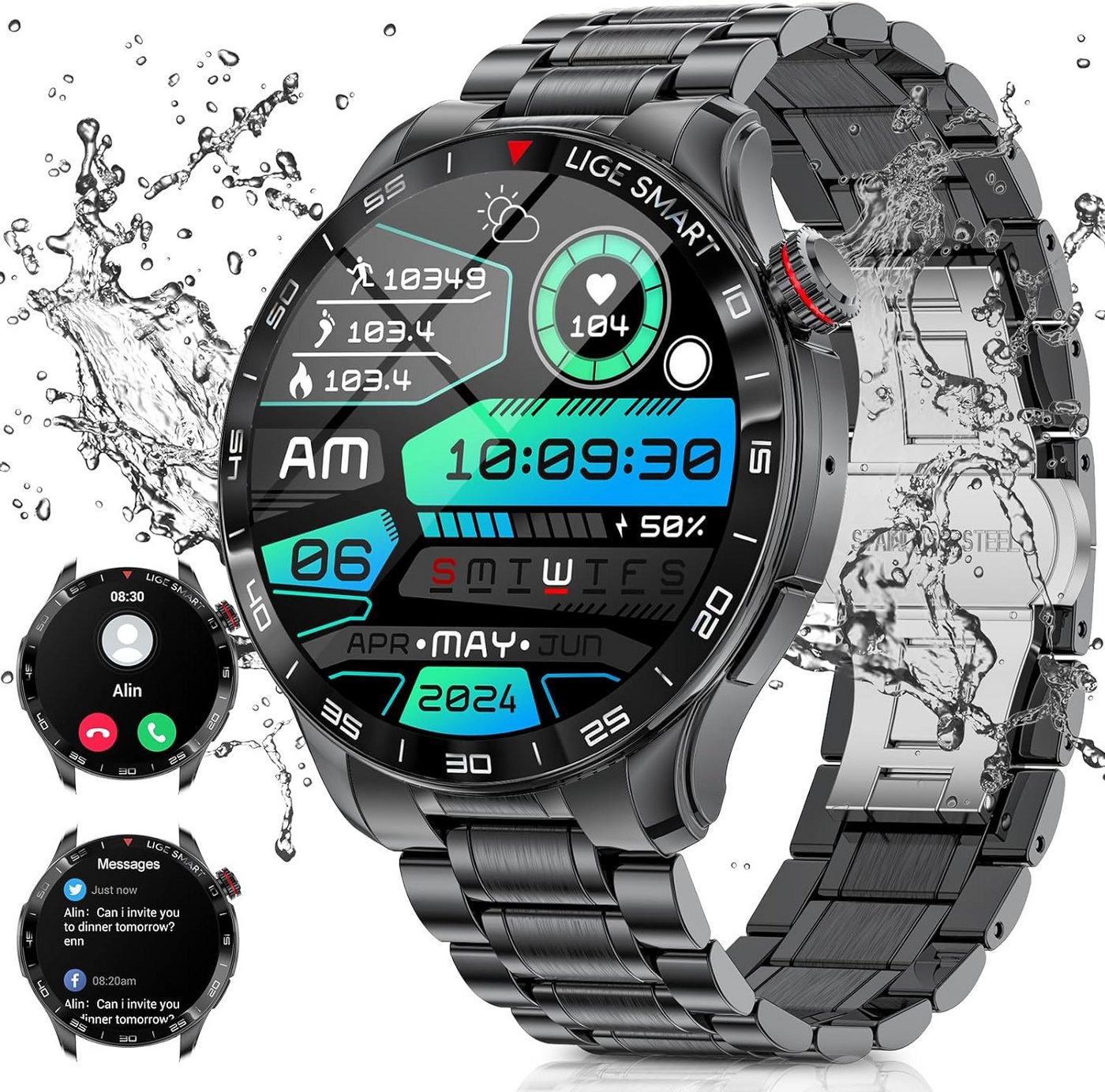 Lige Telefonfunktion Wasserdicht Herren's Militärische 400mah Smartwatch (1,43 Zoll, Android/iOS), mit 100+ Sportmodi Aktivitätstracker,Herzfrequenz-/SpO2-Überwachung von Lige