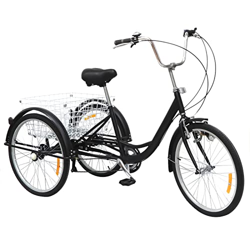 Lightakai 24-Zoll-Dreirad für Erwachsene 6 Gänge Zahnräder Dreirad mit Korb und Licht, Dreirädriges Cruiser-Fahrrad für Erholung, Einkaufen, Picknicks (Schwarz) von Lightakai