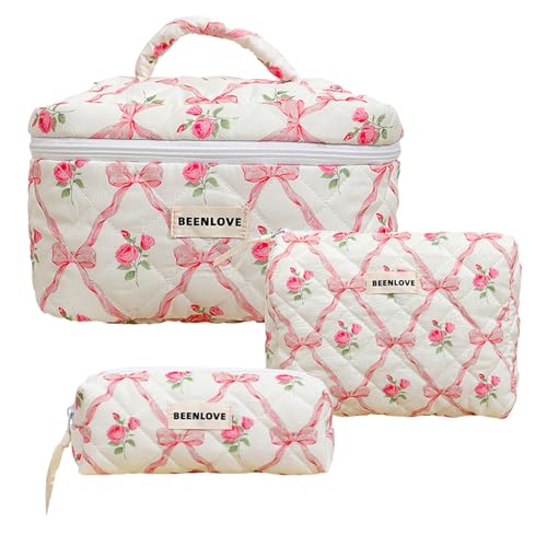 Lilbitty 3 Stück Rosa Kosmetiktasche Set,Große Reise Make-up Tasche mit Blumendesign,Gepolsterte Baumwoll Kulturbeutel für Damen und Mädchen,Aesthetisches Coquette Design für Pflegeprodukte und Reise Lilbitty 3 Stück Rosa Kosmetiktasche Set,Große Reise Make-up Tasche mit Blumendesign,Gepolsterte Baumwoll Kulturbeutel für Damen und Mädchen,Aesthetisches Coquette Design für Pflegeprodukte und Reise von Lilbitty