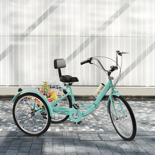 Lilyeriy 24 Zoll 6-Gang Zahnräder Dreirad Mit LED Licht Gemüsekorb Dreirad für Erwachsene 24 Zoll Erwachsenendreirad Dreirad Fahrrad Tricycle Fahrrad Cruise Bikes (Grün) von Lilyeriy