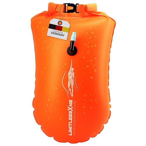 LimitlessXme Schwimmboje & Trockensack — 28l Orange. Sicherheit beim Schwimmen, Open Water und Triathlon. Swimming Buoy, Swim Bubble, Schwimm Boj aufblasbar von LimitlessXme