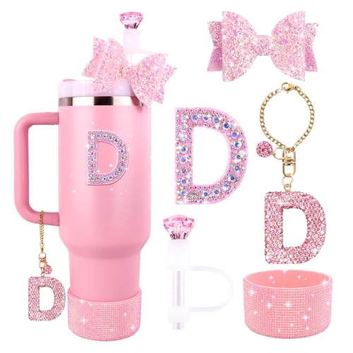 Lingdeer Pinkes Zubehör-Set für Stanley Cup, 850 ml, 1134 ml, glitzernde Buchstaben-Charms, Diamant-Strohabdeckung, Glitzer-Silikonstiefel, personalisierter Aufkleber, Schleife, Strohhalm-Aufsatz für von Lingdeer