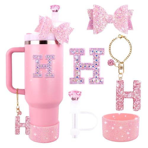 Lingdeer Pinkes Zubehör-Set für Stanley Cup, 850 ml, 1134 ml, glitzernde Buchstaben-Charms, Diamant-Strohabdeckung, Glitzer-Silikonstiefel, personalisierter Aufkleber, Schleife, Strohhalm-Aufsatz für von Lingdeer