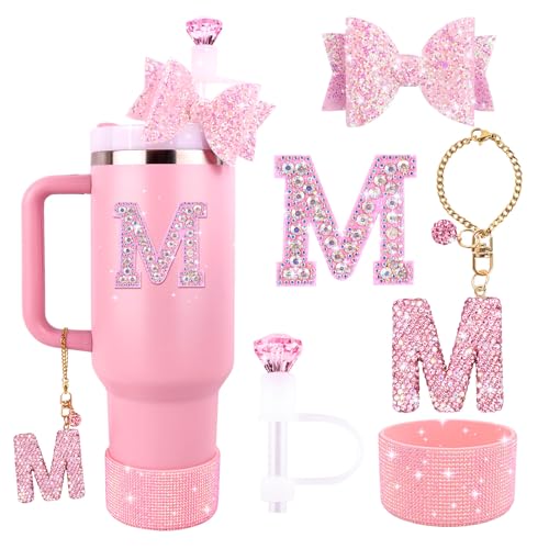 Lingdeer Pinkes Zubehör-Set für Stanley Cup, 850 ml, glitzernde Buchstaben-Charms, Diamant-Strohabdeckung, Glitzer-Silikonstiefel, personalisierter Aufkleber, Schleife, Strohhalm-Aufsatz für von Lingdeer