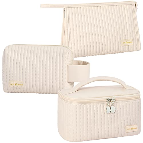 Linpr Kosmetiktasche Damen Groß 3er Set Make Up Tasche Große Kapazität Wasserfest Schminktasche Reisen Organizer für Frauen und Mädchen, Kulturbeutel aus PU-gestreiftem Leder (Weiß) Linpr Kosmetiktasche Damen Groß 3er Set Make Up Tasche Große Kapazität Wasserfest Schminktasche Reisen Organizer für Frauen und Mädchen, Kulturbeutel aus PU-gestreiftem Leder (Weiß) von Linpr