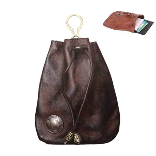 Handmade Cowhide Retro Storage Bag, Leather Drawstring Pouch Bag, Coin Purse for Women Men, Coin Organizer, Change Holder (Coffee) von Lioncool