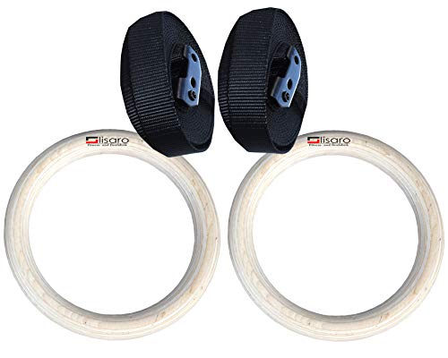 Lisaro Turnringe aus Holz, Gymnastikringe Set Holzringe + Nylongurt, Fitness Training Ringe 28mm. Gym Ring-Set aus Holz inkl. Straps. von Lisaro