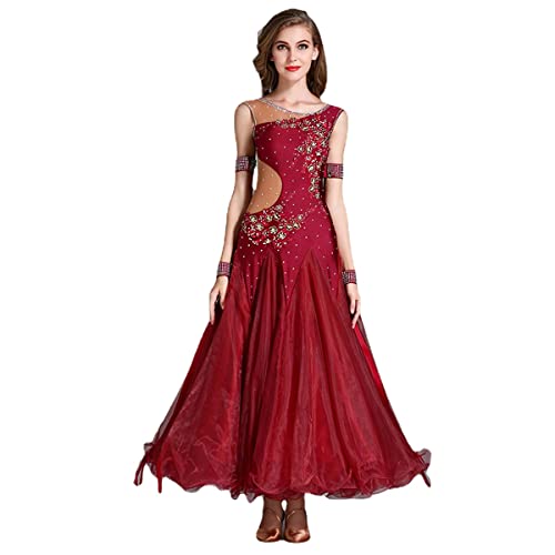 Litcom Gesellschaftstanz-Kleid übungskostüm Rock für modernen Tanz rmel Plissee Schaukel Lyrisch Moderne Walzer Tango Glatte Kleider Tanzkleider (S,Wine red) von Litcom