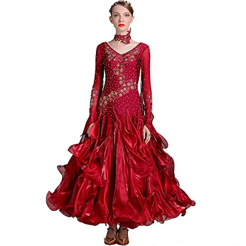 Moderne Tanzkleid Walzer Gesellschaftstanz Große Schaukel Kleid Langarm Ballsaal Performance Tanzkostüm Netz (M,Red) von Litcom