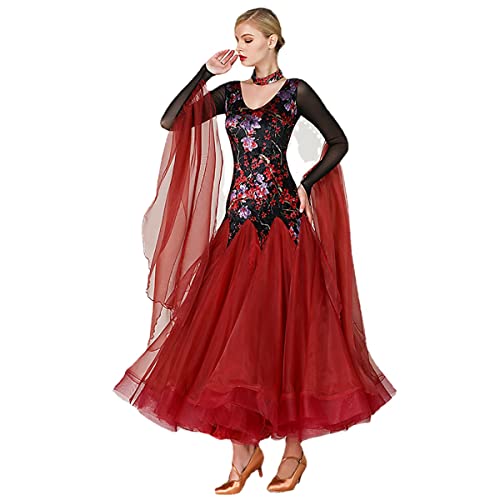 Moderne Tanzkleid Walzer Gesellschaftstanz Große Schaukel Kleid Langarm Ballsaal Performance Tanzkostüm Netz Ballsaal Leistung Tanzkleider Tolle Tüllschaukel (XL,Wine red) von Litcom