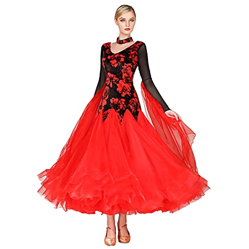 Moderne Tanzkleid Walzer Gesellschaftstanz Große Schaukel Kleid Langarm Ballsaal Performance Tanzkostüm Netz Ballsaal Leistung Tanzkleider Tolle Tüllschaukel (XL,red) von Litcom