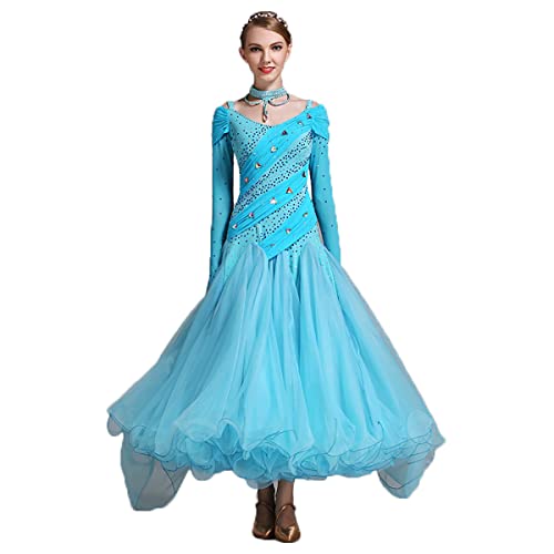 Women Lyrical Dance Costumes National Standard Dance Costume for Women Lace Stitching Printed Professional Competition Dance Dresses Leotard Modern Waltz Tulle Great Swing (S,Blue) von Litcom