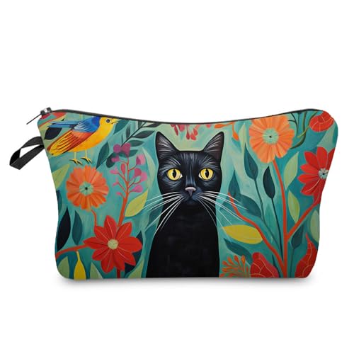 Livel lhood Kosmetiktasche mit schwarzer Katze, niedlich, klein, Make-up-Tasche, Reise-Kulturbeutel, Reißverschluss, schwarze Katze, Blumenmuster, Kosmetiktasche, Geburtstagsgeschenk für von Livel lhood