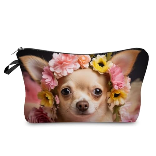 Livel lhood Make-up-Tasche mit Blumenmuster, niedlich, klein, Kulturbeutel, Reißverschluss, entzückende Chihuahua-Kosmetiktasche, Geschenk für Hundeliebhaber, Chihuahua, Mutter, Frauen, hzt0635 von Livel lhood