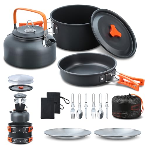 Lixada Camping Geschirr Set 16-teiliges Kochgeschirr Set mit Wasserkocher Campingtopf und Pfanne Teller Gabeln Messer Löffel für Outdoor Wandern Picknick BBQ 2-3 Personen von Lixada