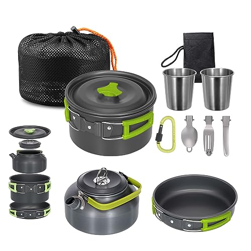 Lixada Camping Kochgeschirr Set Leichte Camping Topf Aluminium Pan Kettle Cups Löffel Gabel Cutter für Picknick Wandern Kochen Camping 2-3 Personen von Lixada