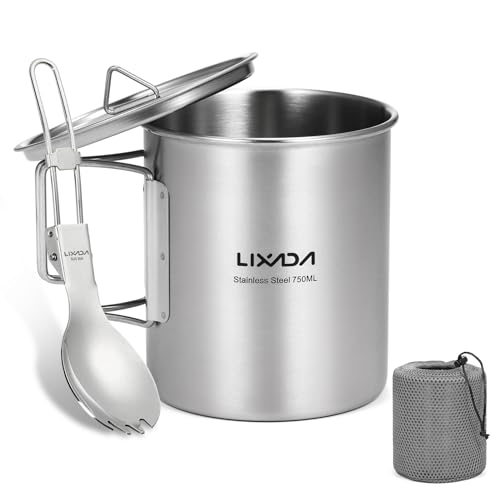 Lixada Camping Topf Edelstahl Titan Tasse Becher 750ml mit Faltbaren Griffe und Deckel Outdoor Tasse Geschirr für Camping Wandern Kochen Picknick von Lixada