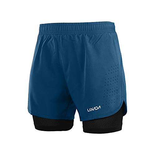 Lixada Herren 2-in-1 Schnell-trocknende Atmungsaktive,Lauf-kurzhose für Training,Joggen,Radfahren Mittel Dunkelblau von Lixada