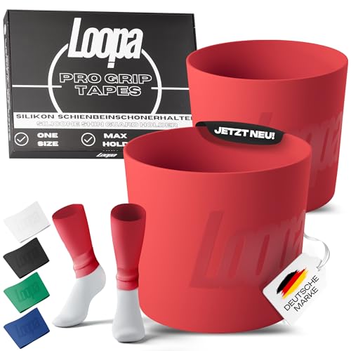 Loopa Pro Grip Tapes Fußball Schienbeinschonerhalter aus hochwertigen Silikon für Herren, Damen & Kinder | Fußball Stutzenhalter | Shin Guard Stay Holder | Perfekter Halt (Red) von Loopa