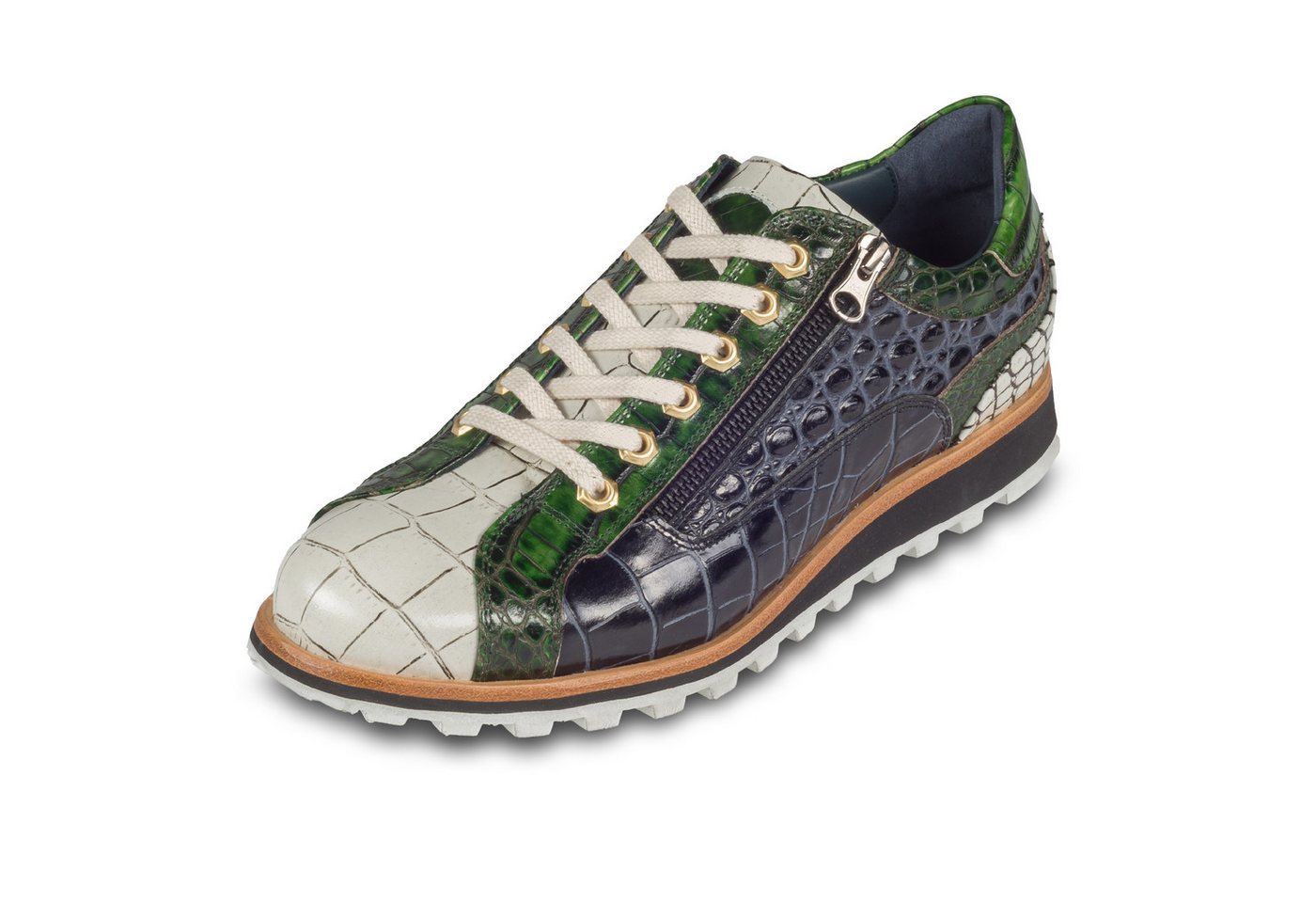 Lorenzi Leder-Sneaker grün / weiß / schwarz mit Reptil-Prägung, Reißverschluß Sneaker Handgefertigt in Italien von Lorenzi