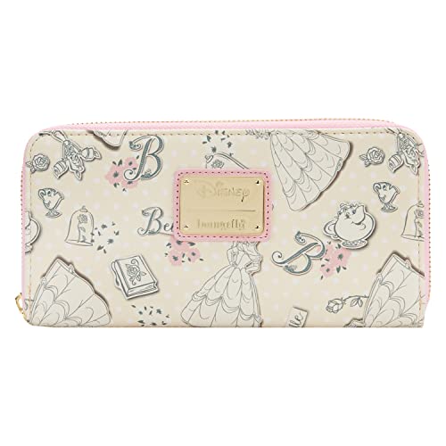 Loungefly x Disney Beauty and the Beast Belle Pink Allover-Print Zip-Around Wallet von Loungefly