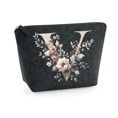 Personalisierte Kosmetiktasche aus Filz - Schminktasche Damen mit Blumen Initial - Kulturbeutel für Damen - Geschenk für Frauen, Mama, Freundin, Schwester - Make-up Tasche (Dunkelgrau, M) von Lounis