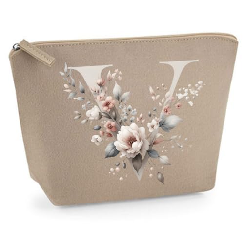 Personalisierte Kosmetiktasche aus Filz - Schminktasche Damen mit Blumen Initial - Kulturbeutel für Damen - Geschenk für Frauen, Mama, Freundin, Schwester - Make-up Tasche (Sand, M) von Lounis