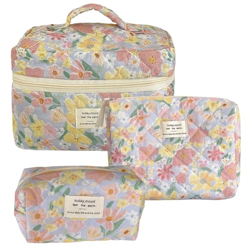 Lovehomily 3-teiliges gepolstertes Organizer-Taschen-Set mit großer Kapazität, gesteppter Kosmetiktasche, Reißverschluss, Blumen-Aufdruck, Make-up-Tasche für Mädchen, Aufbewahrungstaschen-Se von Lovehomily