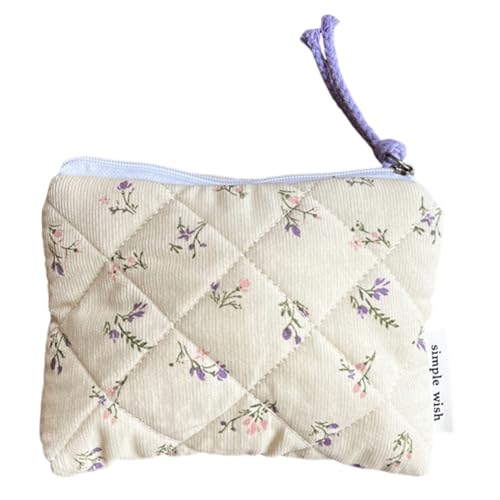 Lovehomily Damen-Geldbörse aus Cord, mit Reißverschluss, Mini-Make-up-Tasche, niedliche Schlüsselmappe, Kopfhörer-Tasche, Make-up-Aufbewahrungstasche for Reisen (S, lila Blumen) von Lovehomily