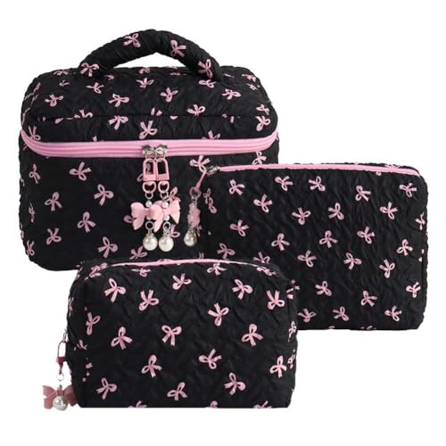 Lovehomily Nette Make -up -Tasche for Frauen, 3 PCs große Kapazität Weiche Quilt -Hautpflege -Beutel Bowknot Bedruckt gedruckte Staatsaufbewahrung Tasche Travel Shopping Arbeit Datum Tasche von Lovehomily