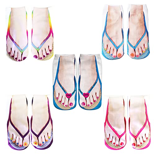 Lrtzizy 5 Paare Flip Flop Socken 3D Muster ManiküRe Druck Lustige Versteckte Komfort Laufsocken Damen Personalisiert Geschnitten Ankle von Lrtzizy