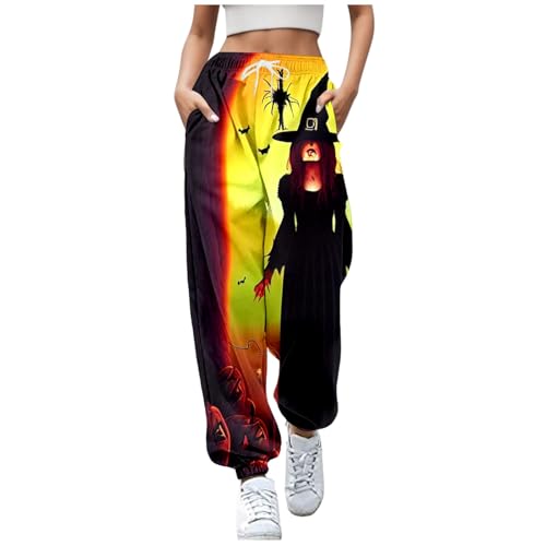 2024 Halloween Damen Jogginghose Sporthosen Lange Yoga Hosen Loose Casual Jogginghose High Waist Loose Fit Elastischer Bund Freizeithosen Hohe Trainingsanzug Hosen Sweathose mit Taschen Gelb L von Luadnysin